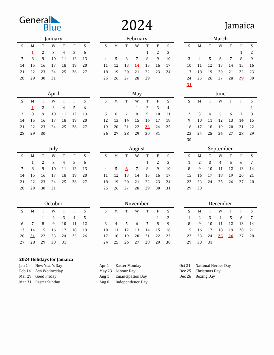 Free Jamaica Holidays Calendar for Year 2024