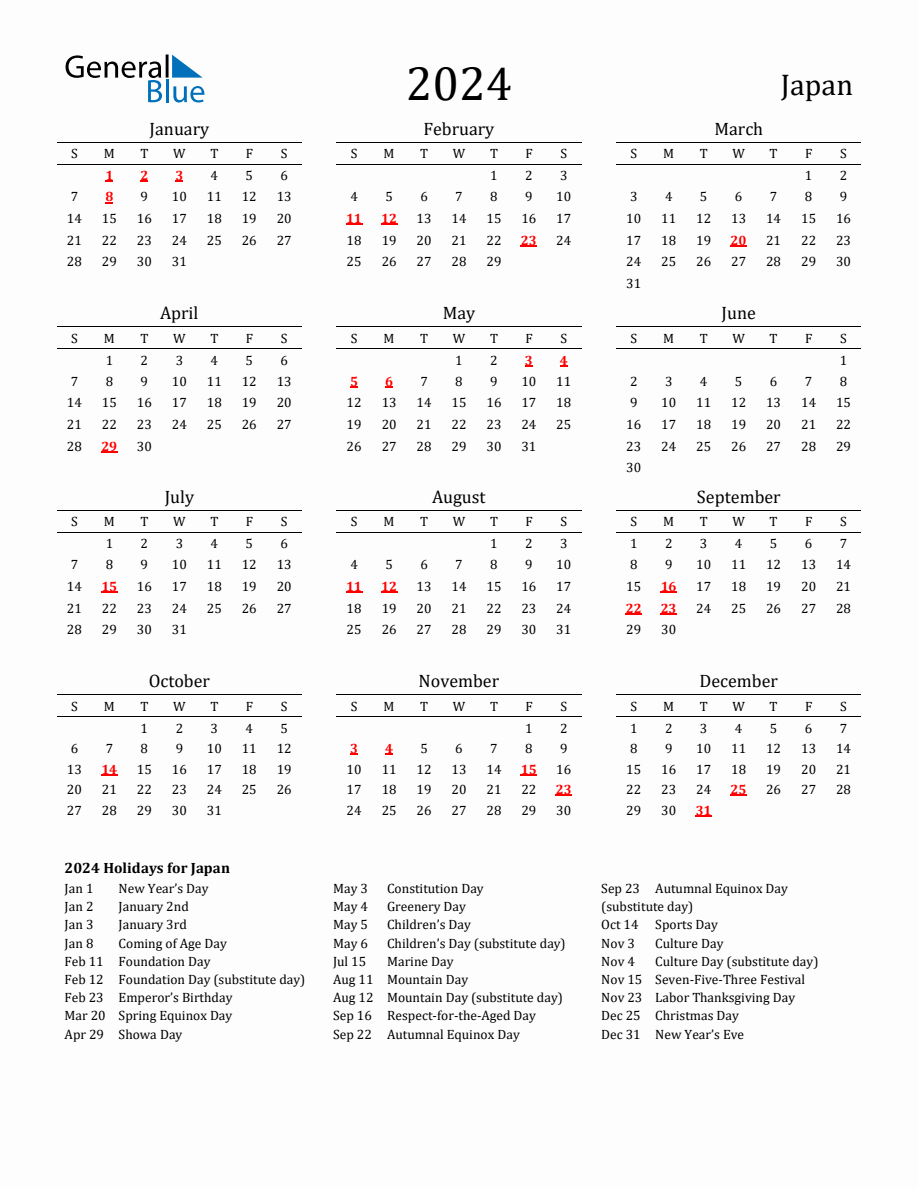 Free Japan Holidays Calendar for Year 2024