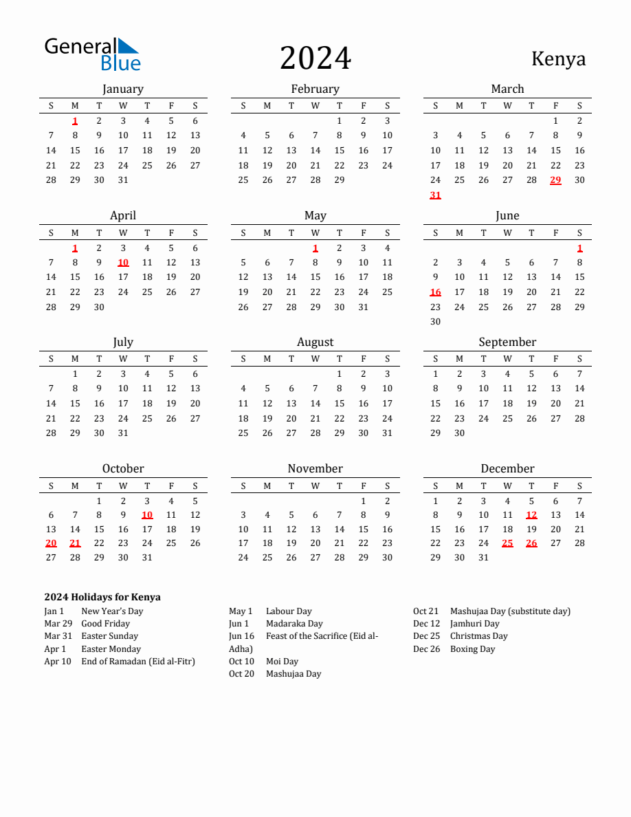 Free Kenya Holidays Calendar for Year 2024