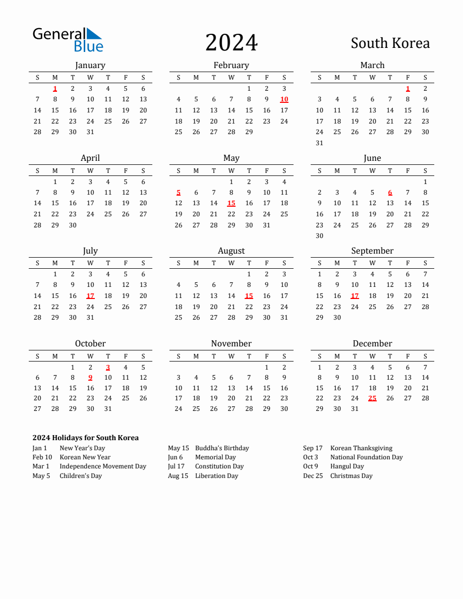 Free South Korea Holidays Calendar for Year 2024