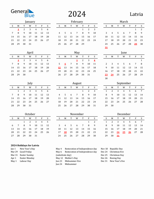 Latvia Holidays Calendar for 2024