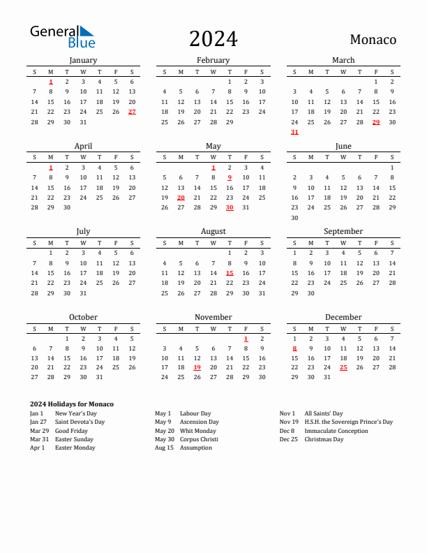 Monaco Holidays Calendar for 2024