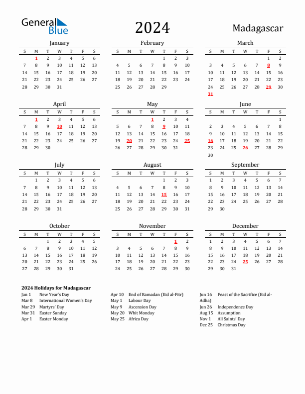 Madagascar Holidays Calendar for 2024