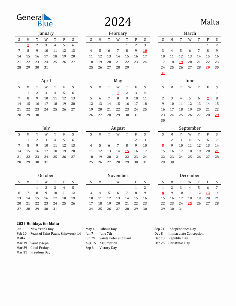 Free Malta Holidays Calendar for Year 2024