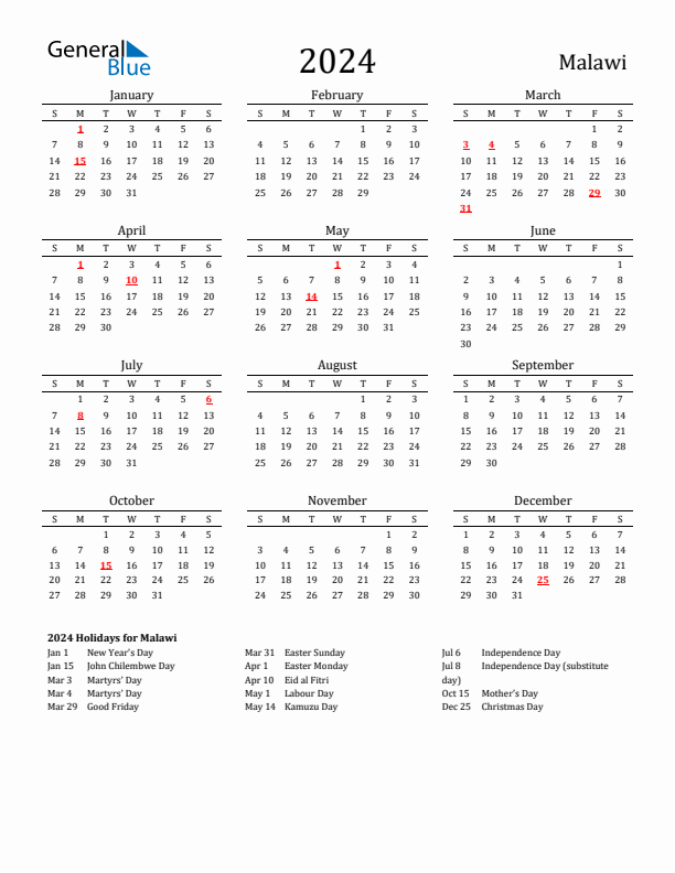 Malawi Holidays Calendar for 2024