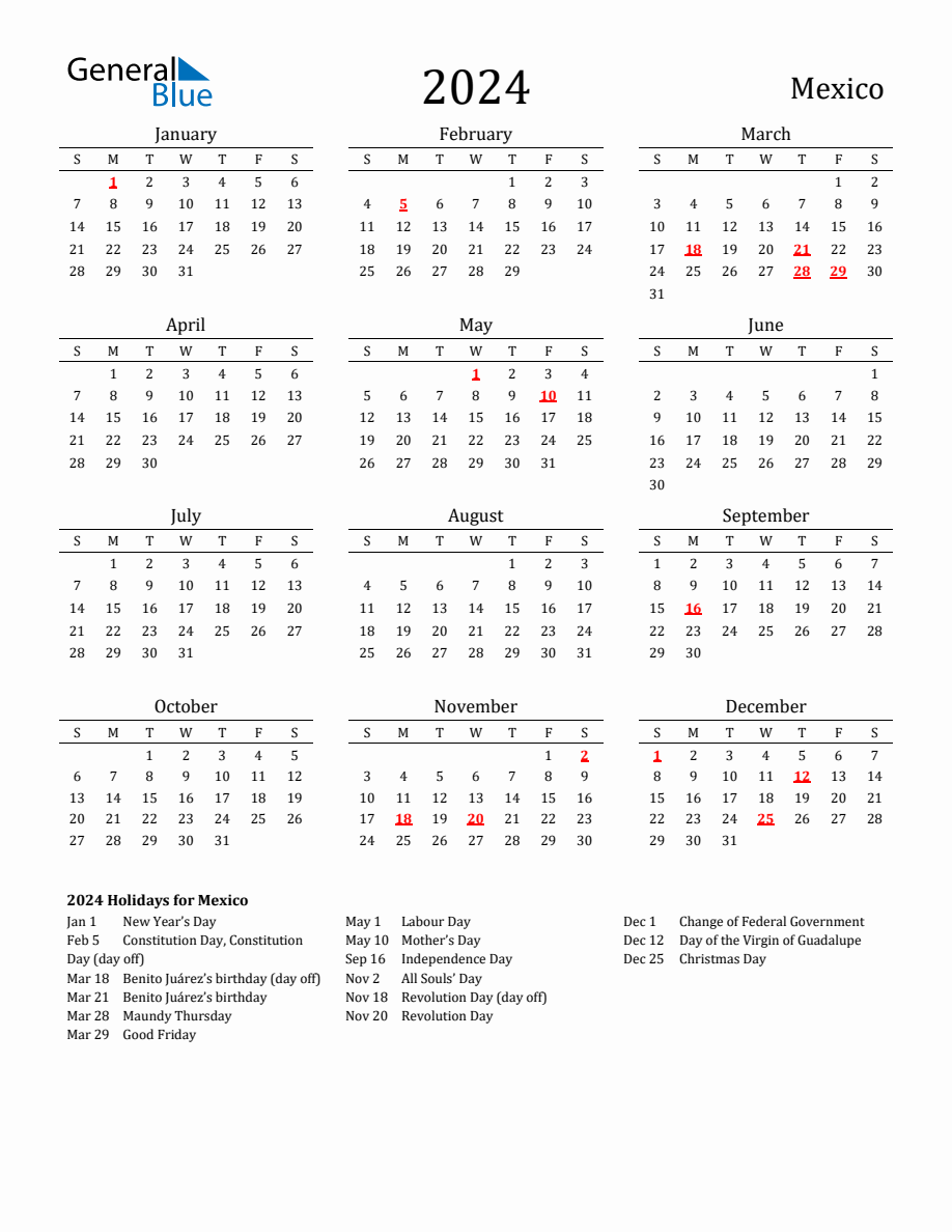 Free Mexico Holidays Calendar for Year 2024