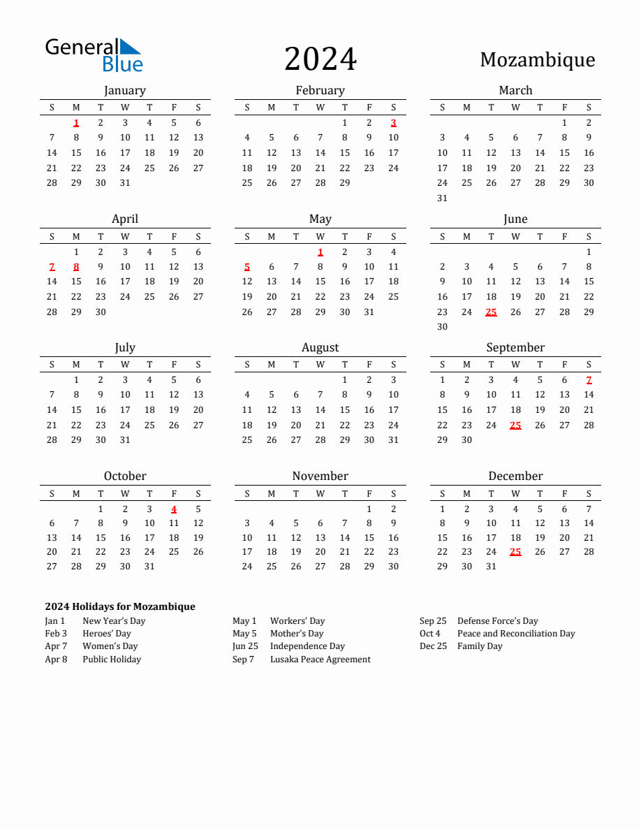 Free Mozambique Holidays Calendar for Year 2024