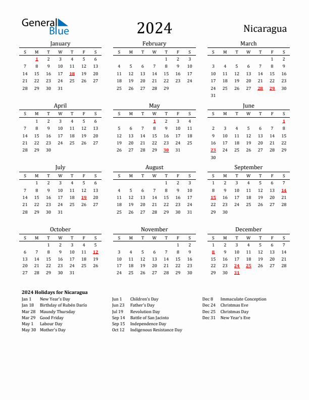Nicaragua Holidays Calendar for 2024