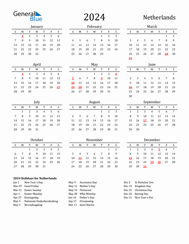 Netherlands Holidays Calendar for 2024