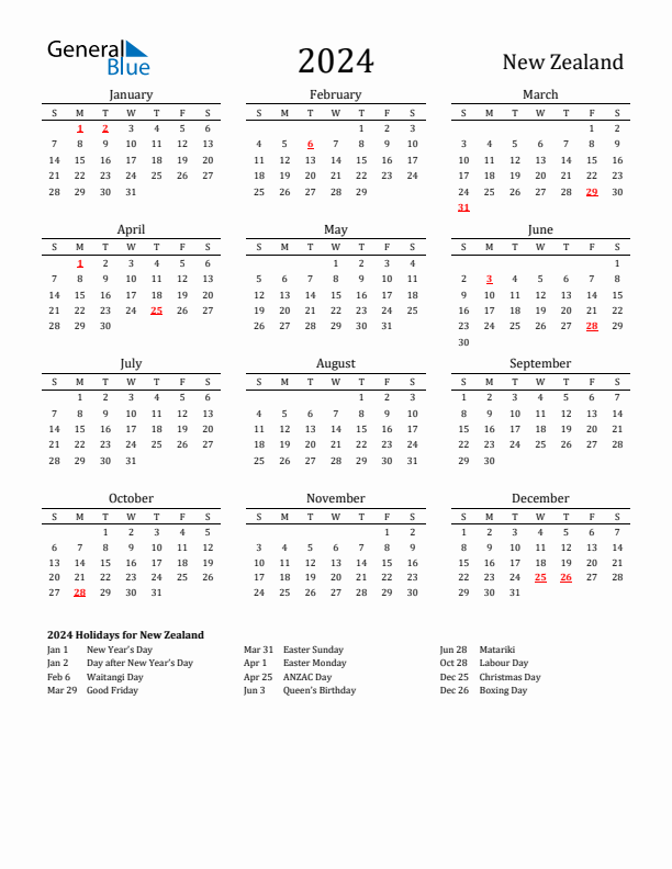 New Zealand Holidays Calendar for 2024