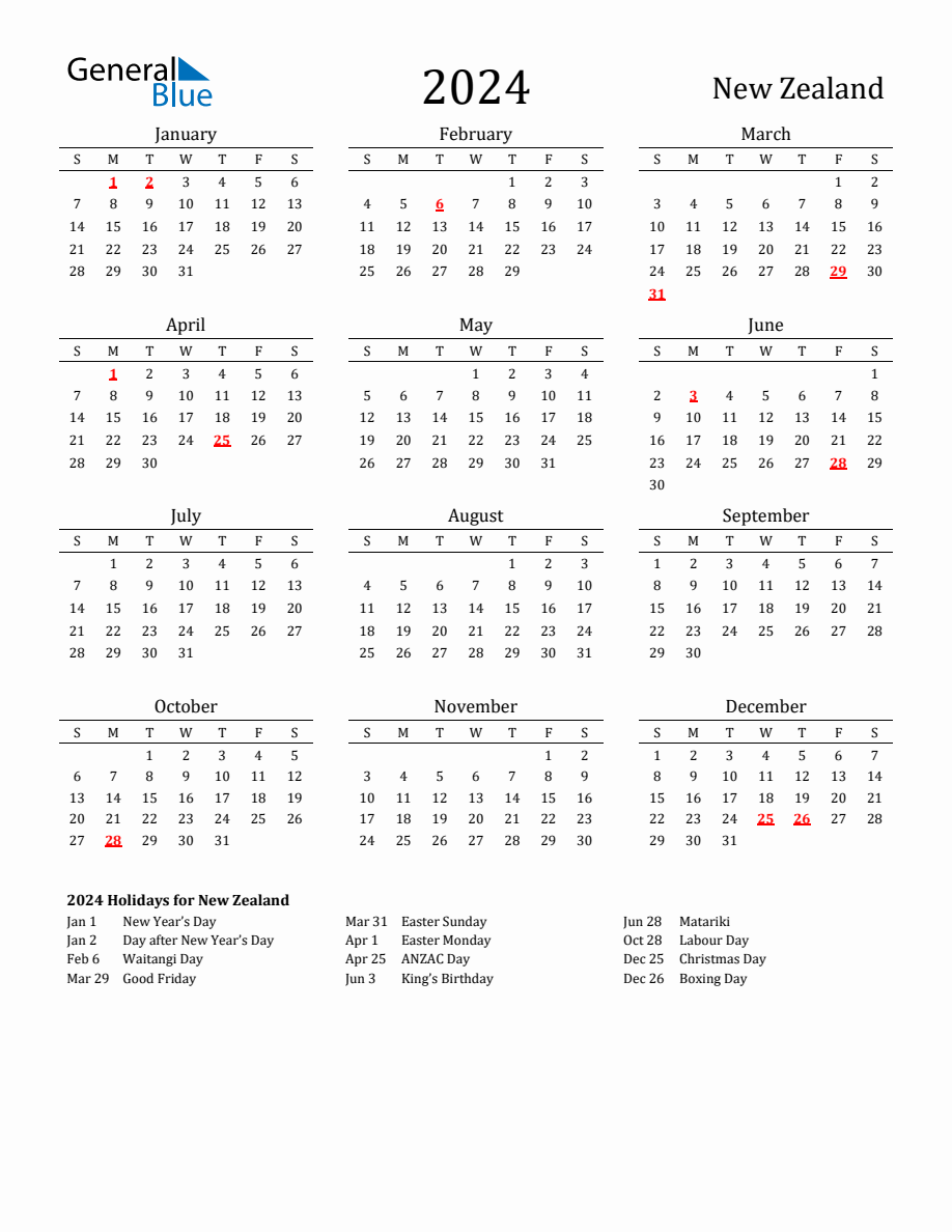 Free New Zealand Holidays Calendar for Year 2024