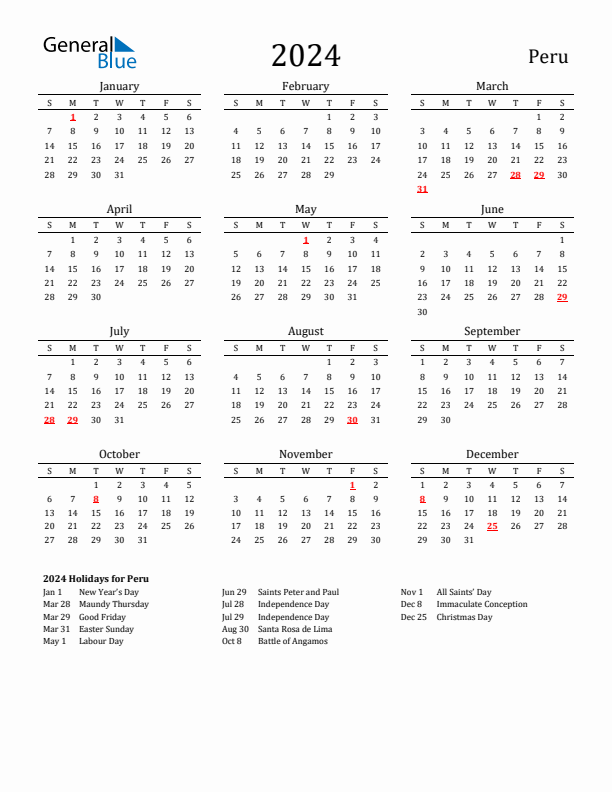 Peru Holidays Calendar for 2024