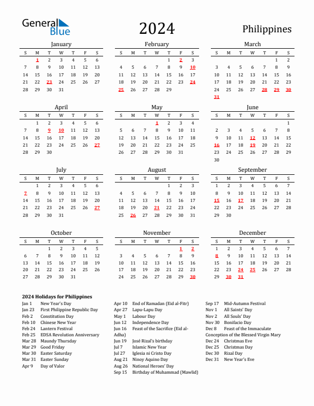 Philippines Holidays Calendar for 2024