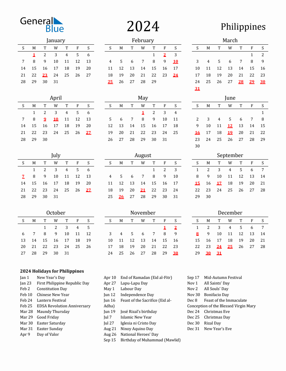 Free Philippines Holidays Calendar for Year 2024