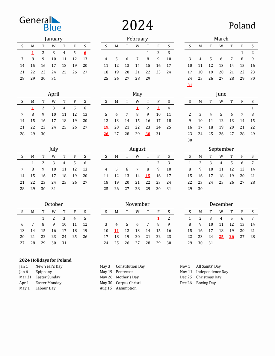 Free Poland Holidays Calendar for Year 2024