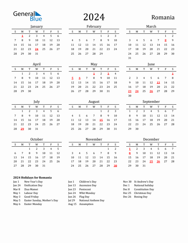 Romania Holidays Calendar for 2024