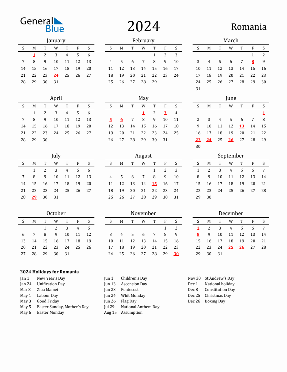 Free Romania Holidays Calendar for Year 2024