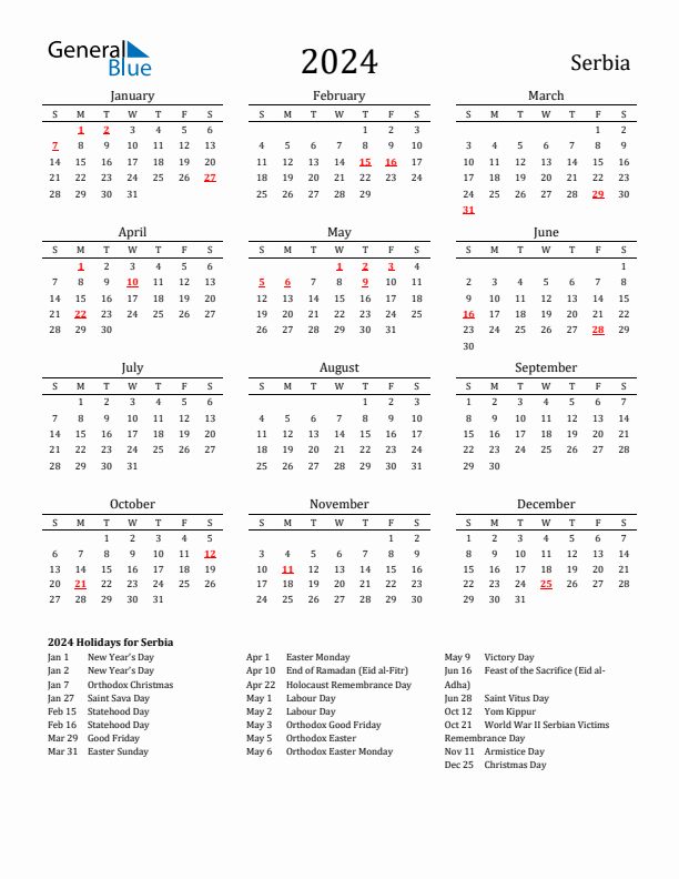 Serbia Holidays Calendar for 2024