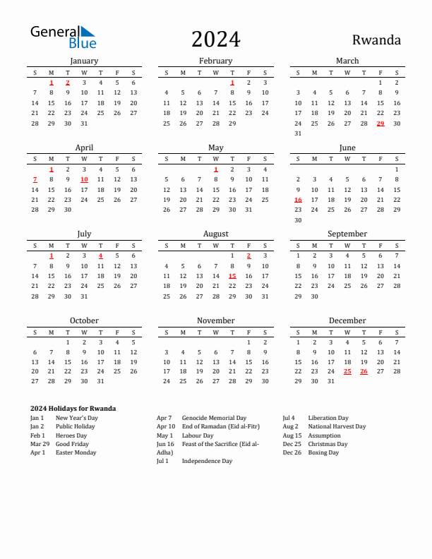 Rwanda Holidays Calendar for 2024