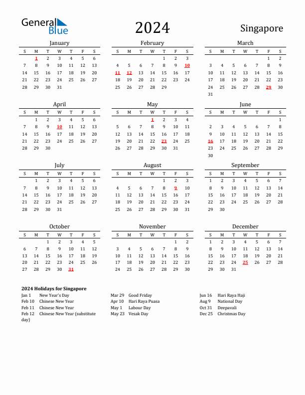 Singapore Holidays Calendar for 2024