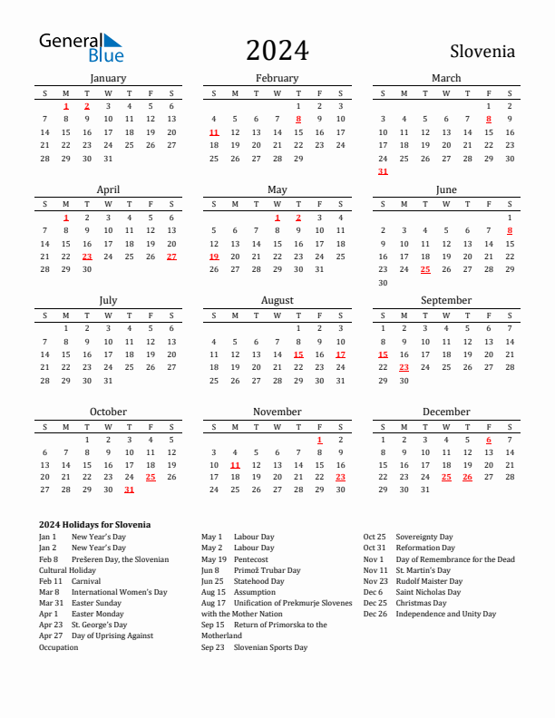 Free Slovenia Holidays Calendar for Year 2024