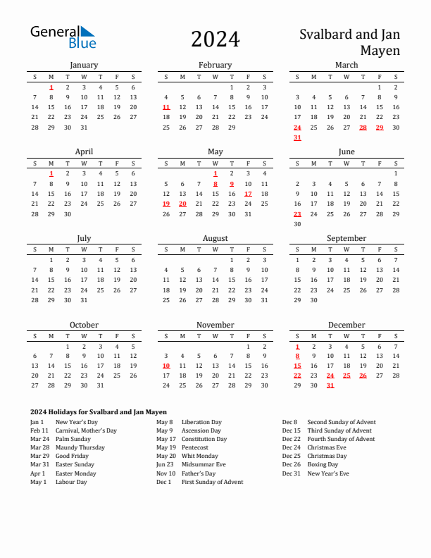 Svalbard and Jan Mayen Holidays Calendar for 2024