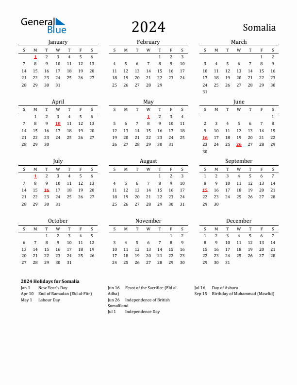 Somalia Holidays Calendar for 2024