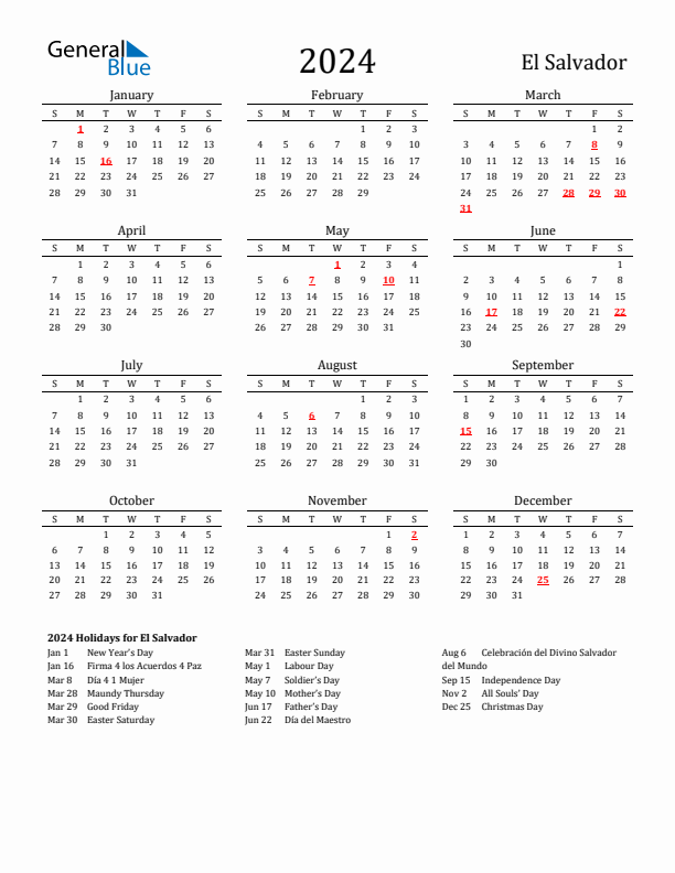 El Salvador Holidays Calendar for 2024