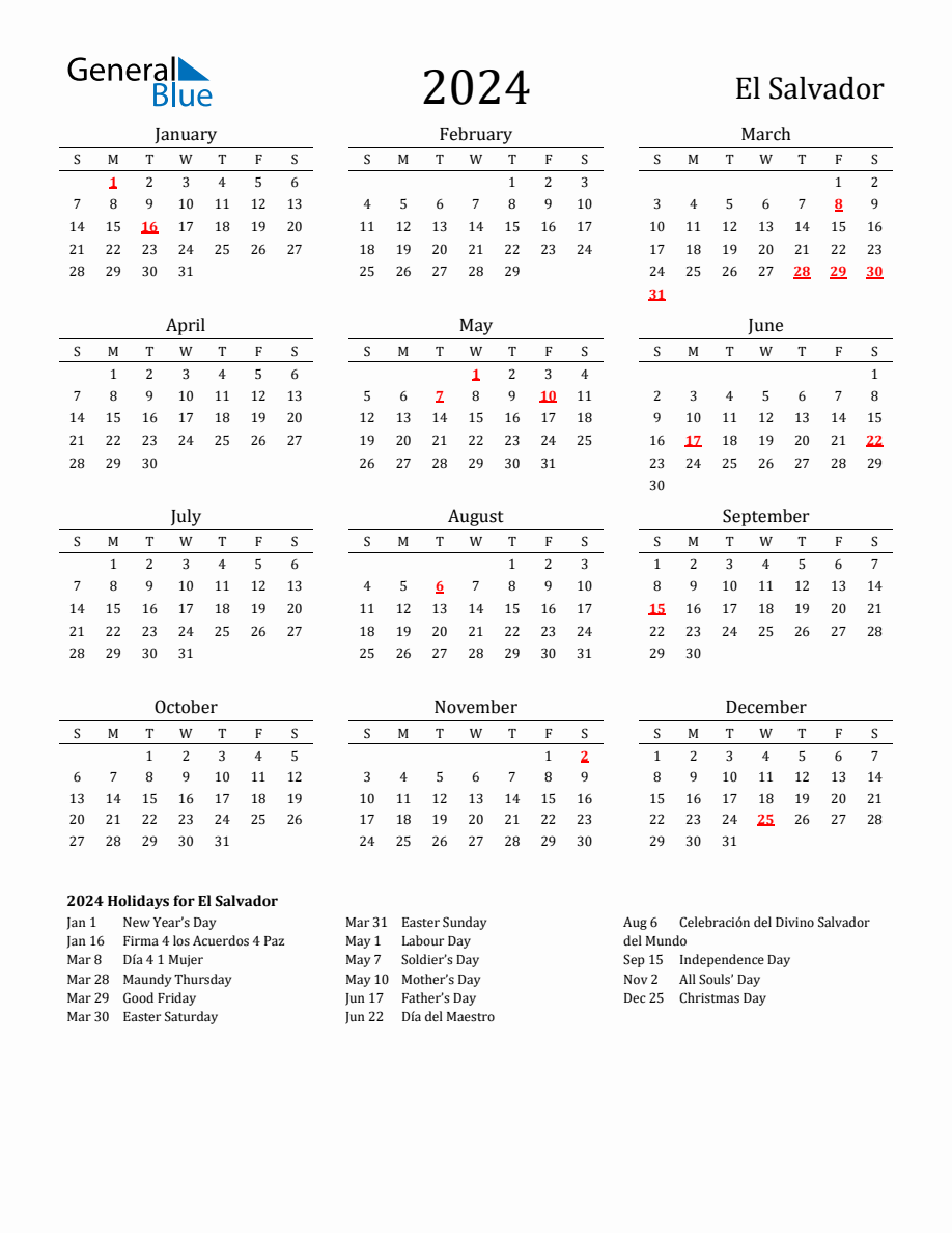 Free El Salvador Holidays Calendar for Year 2024