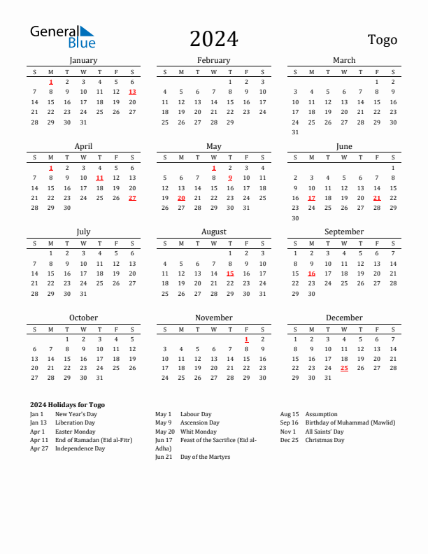 Togo Holidays Calendar for 2024