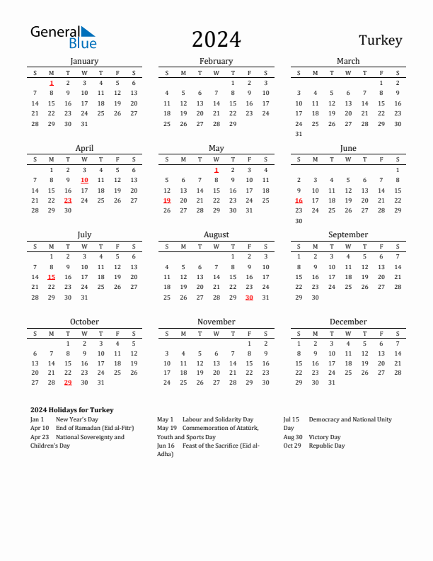 Turkey Holidays Calendar for 2024