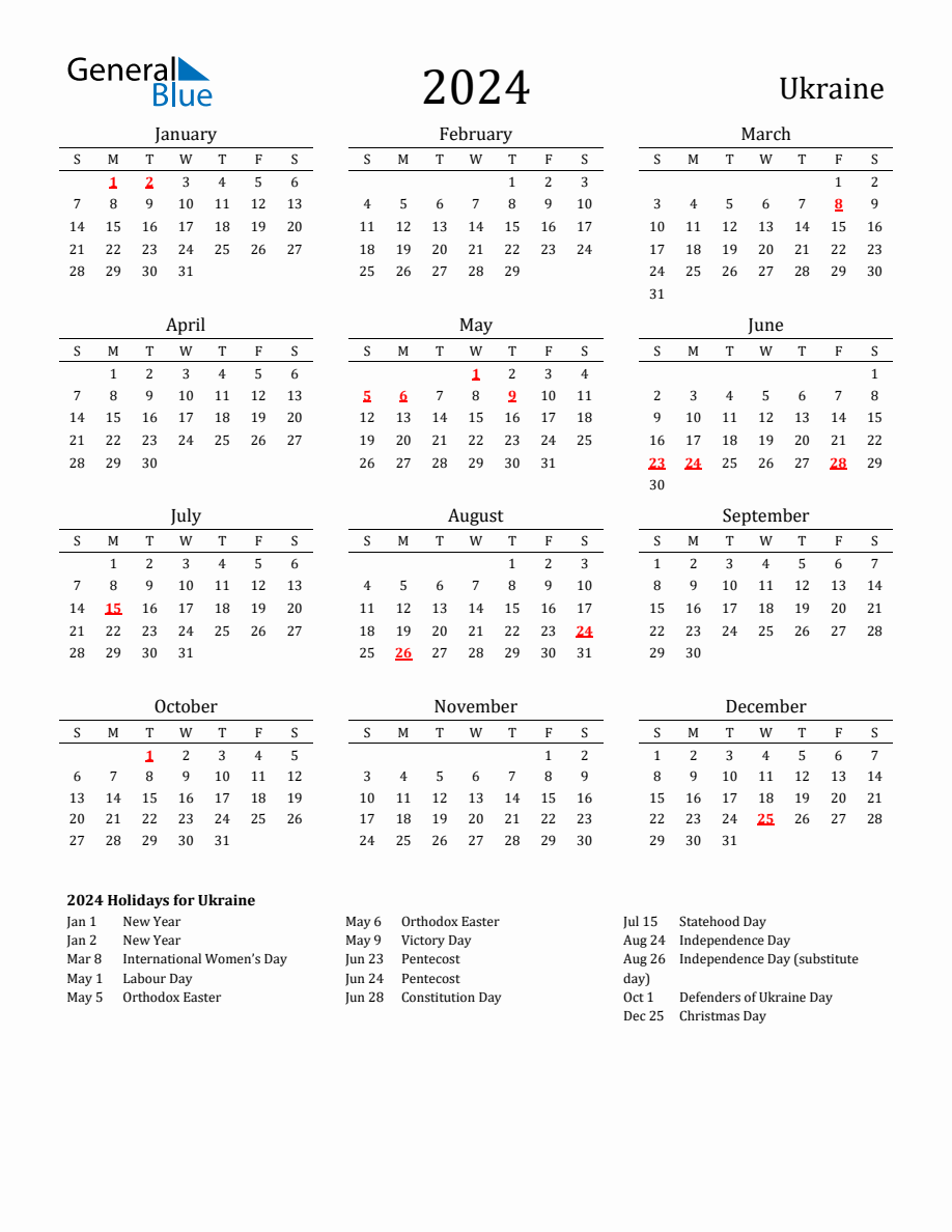 Free Ukraine Holidays Calendar for Year 2024