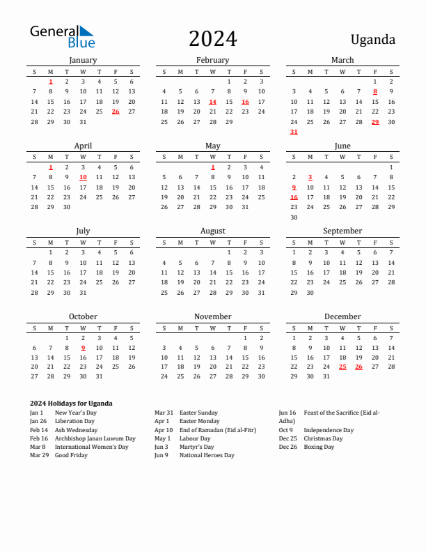 Uganda Holidays Calendar for 2024