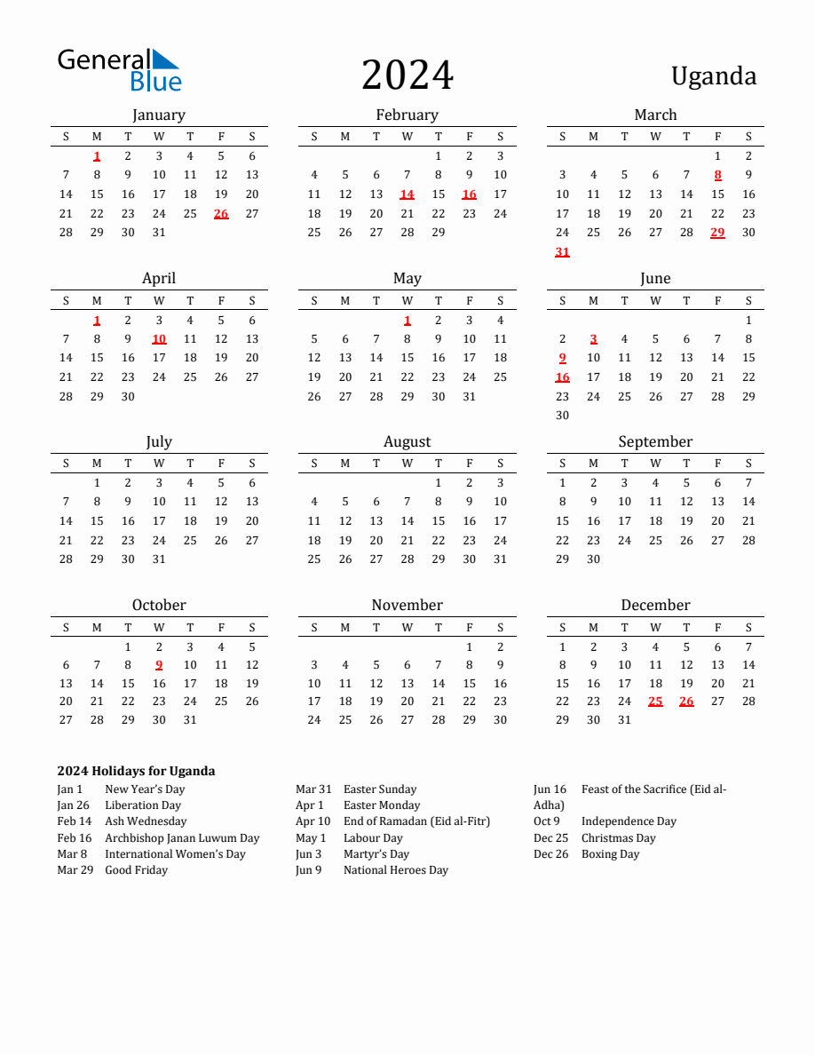 Free Uganda Holidays Calendar for Year 2024