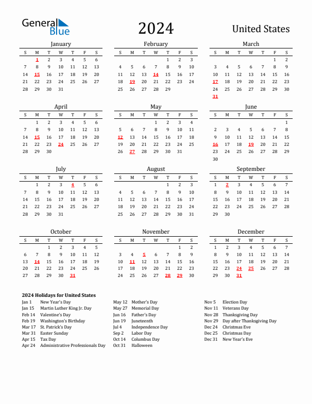 2024 Calendar Printable Classic With Holidays Portrait Sunday Start En Us 612x792 
