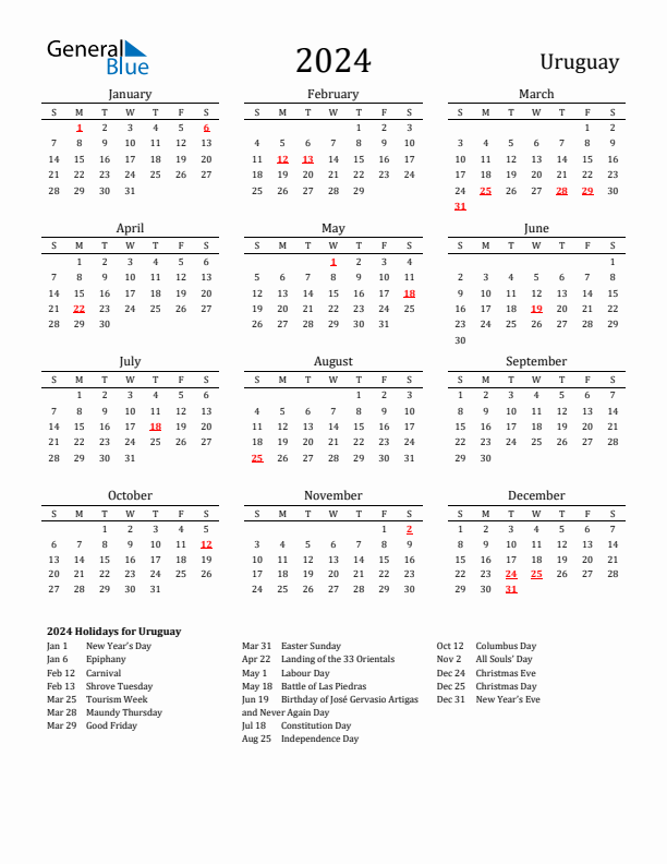 Uruguay Holidays Calendar for 2024