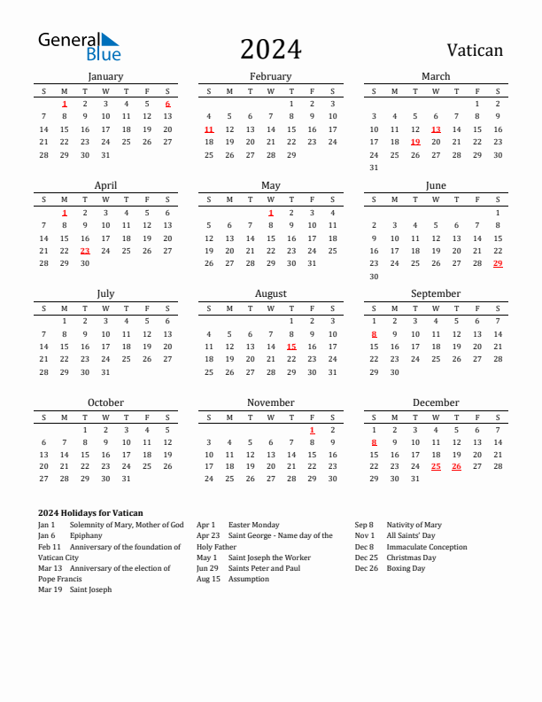 Vatican Holidays Calendar for 2024
