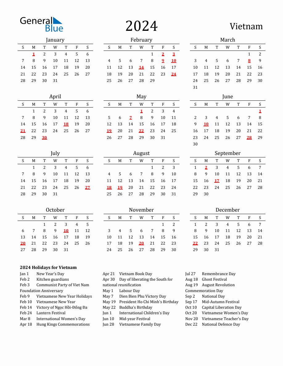 Free Vietnam Holidays Calendar for Year 2024