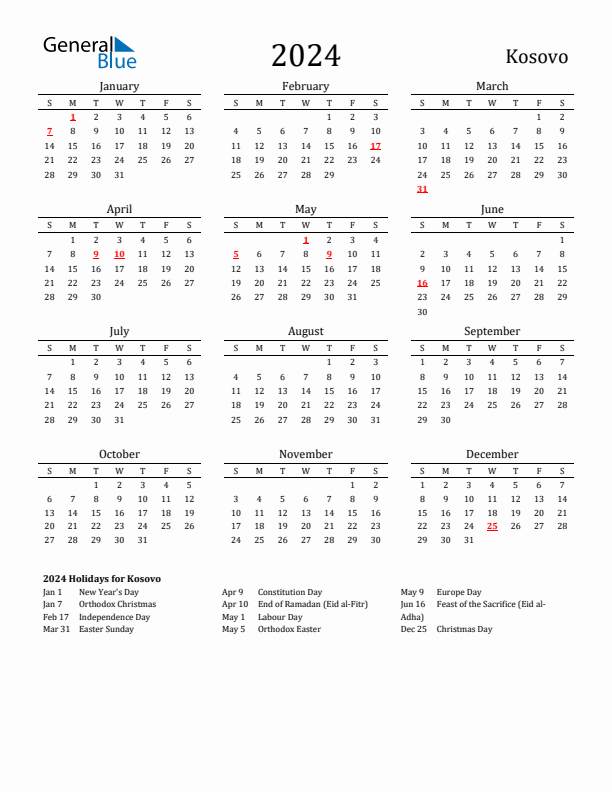 Kosovo Holidays Calendar for 2024