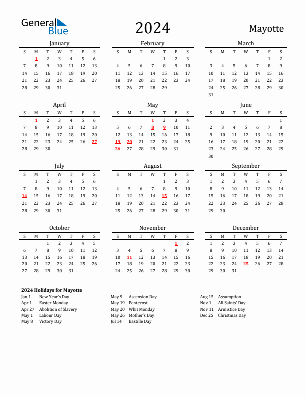 Mayotte Holidays Calendar for 2024