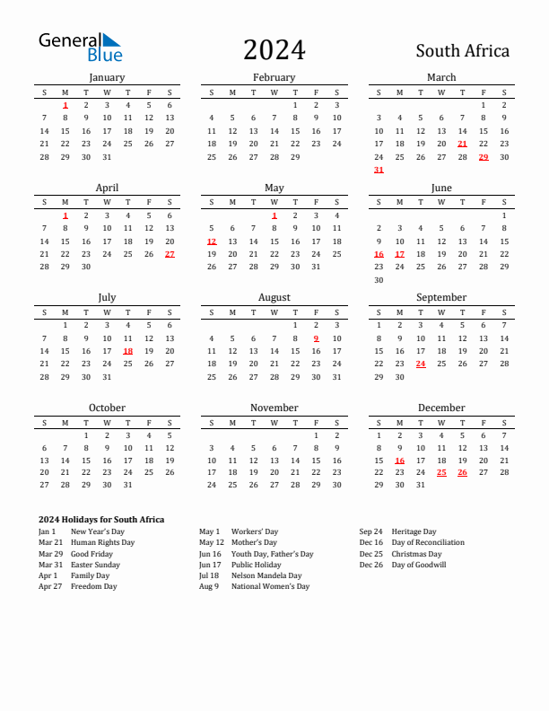 South Africa Holidays Calendar for 2024