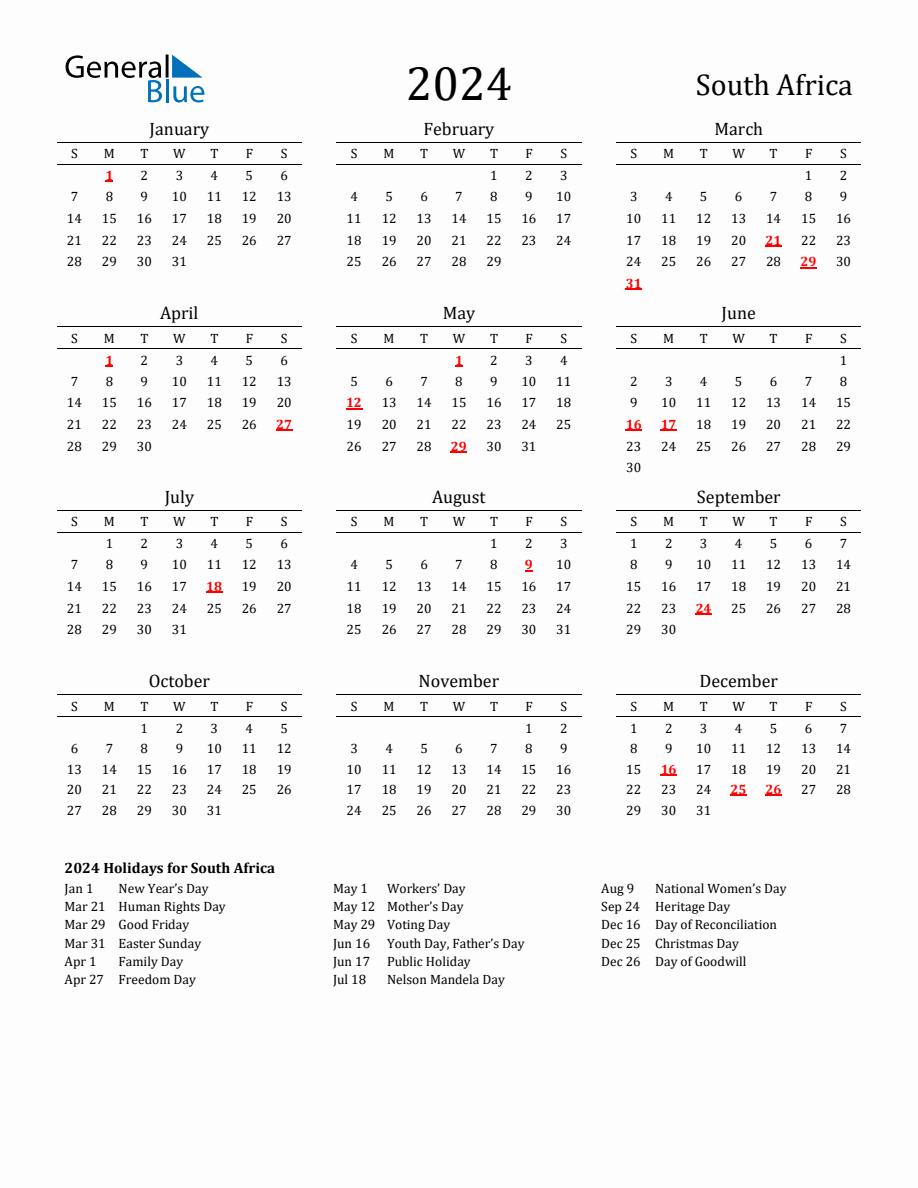 Free South Africa Holidays Calendar for Year 2024