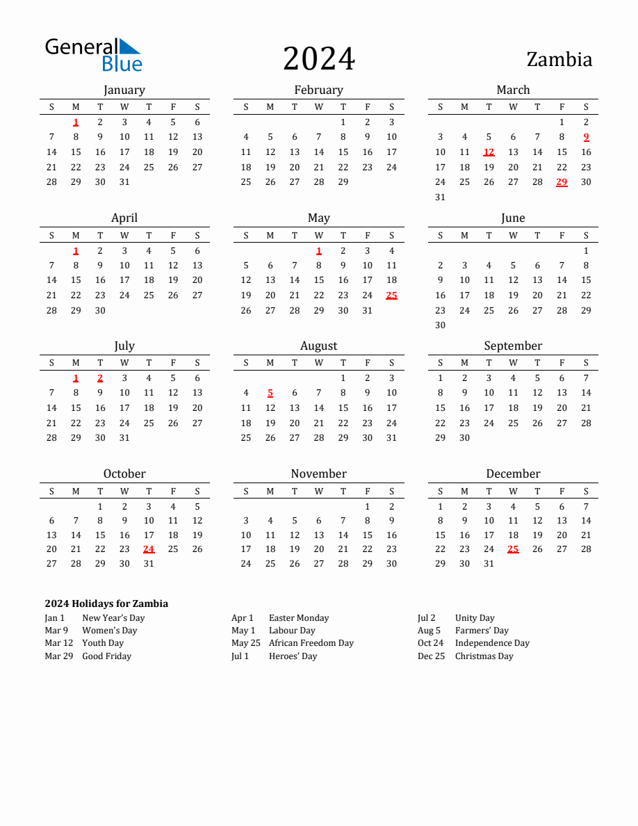 Free Zambia Holidays Calendar for Year 2024