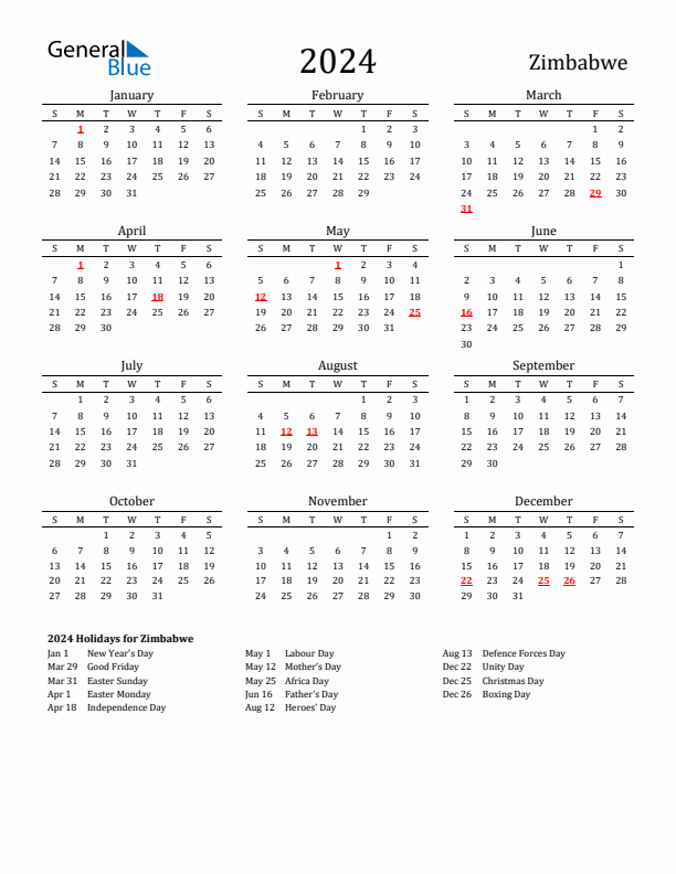 Zimbabwe Holidays Calendar for 2024