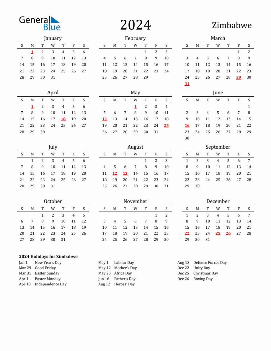 Free Zimbabwe Holidays Calendar for Year 2024