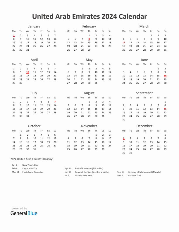 2024 Yearly Calendar Printable With United Arab Emirates Holidays