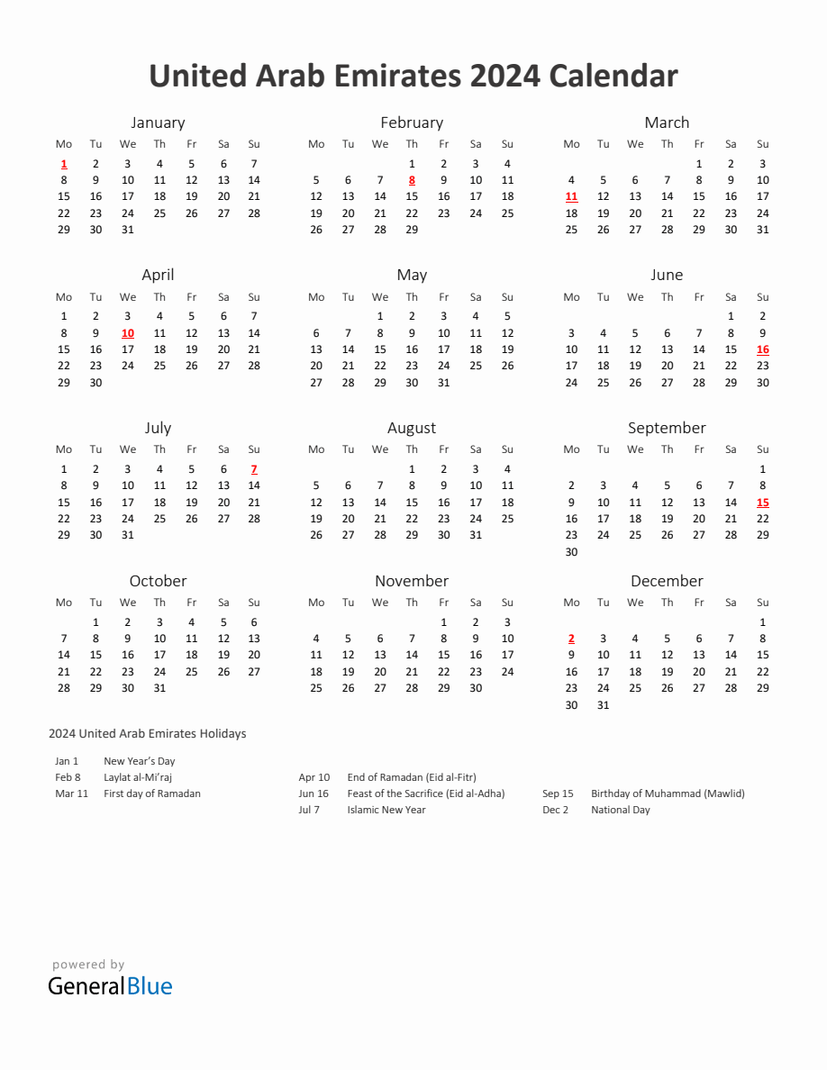 2024 Yearly Calendar Printable With United Arab Emirates Holidays