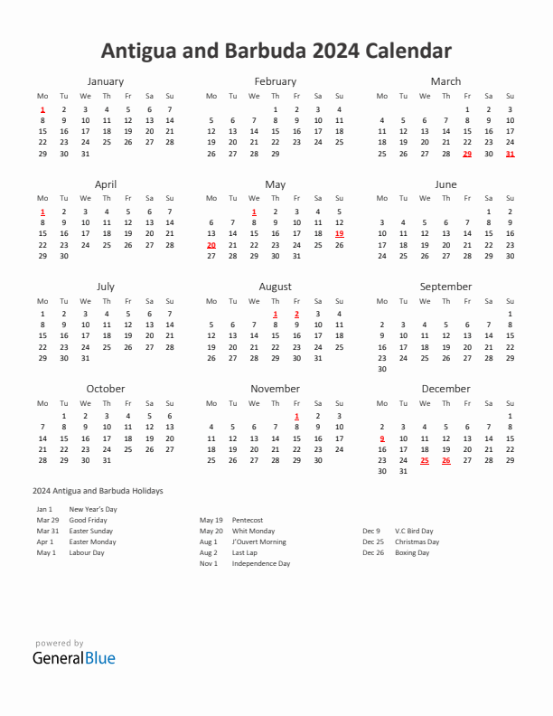 2024 Yearly Calendar Printable With Antigua and Barbuda Holidays