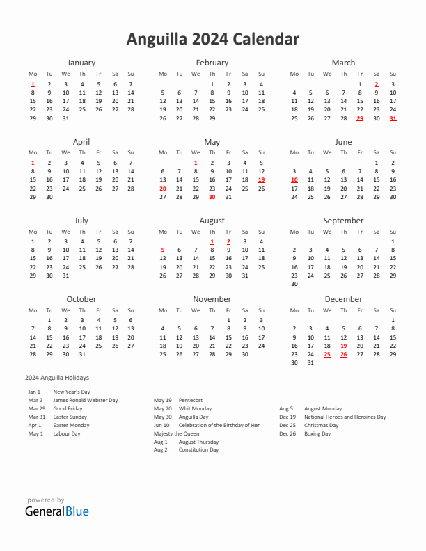 2024 Yearly Calendar Printable With Anguilla Holidays