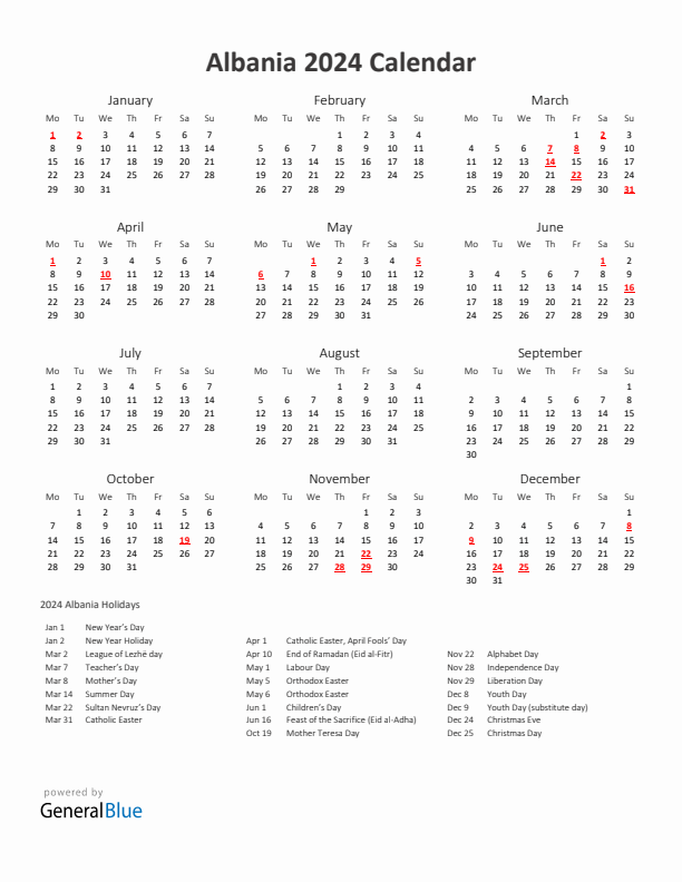 2024 Yearly Calendar Printable With Albania Holidays